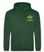 The PenCarrie Westbury-on-Severn CC Senior Hoodie in bottle green features a front pocket and an illustrated club logo with a crowned rooster on a banner, yellow accents, and green leaf-like shapes on the left chest.