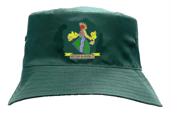 The Martin Berrill Sports Westbury-on-Severn CC Breathable Bucket Hat is a dark green polyester twill hat featuring a colorful embroidered crest with a yellow “WEST LURION SEGEN CC” banner, perfect for club supporters.