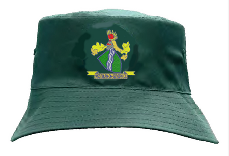 The Martin Berrill Sports Westbury-on-Severn CC Breathable Bucket Hat is a dark green polyester twill hat featuring a colorful embroidered crest with a yellow “WEST LURION SEGEN CC” banner, perfect for club supporters.