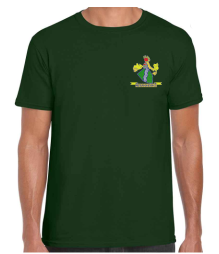 A person wears a forest green PenCarrie Westbury-on-Severn CC Gilden Mens T-Shirt featuring a small, colorful club-style crest on the left chest; the rest of the shirt is plain.