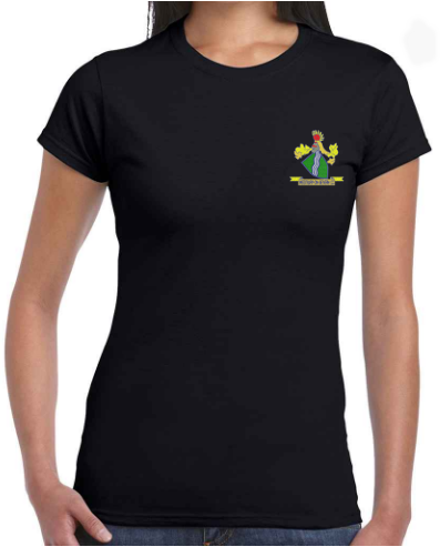 A woman wears a fitted black PenCarrie Westbury-on-Severn CC Gilden Ladies T-shirt featuring a colorful embroidered club logo crest in green, red, and yellow on the left chest with partially visible text below.