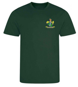 The PenCarrie Westbury-on-Severn CC AWDis Coot T-shirt - Junior in bottle green features a colorful club crest with yellow banner on the left chest and offers UPF 30+ UV protection, perfect for comfort on sunny match days.