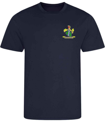 The PenCarrie Westbury-on-Severn CC AWDis Coot T-shirt - Junior in French Navy features a small, colorful left-chest graphic, UPF 30+ UV protection, a classic crew neck, and short sleeves.