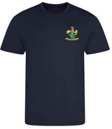 The PenCarrie Westbury-on-Severn CC AWDis Coot T-shirt - Junior in French Navy features a small, colorful left-chest graphic, UPF 30+ UV protection, a classic crew neck, and short sleeves.