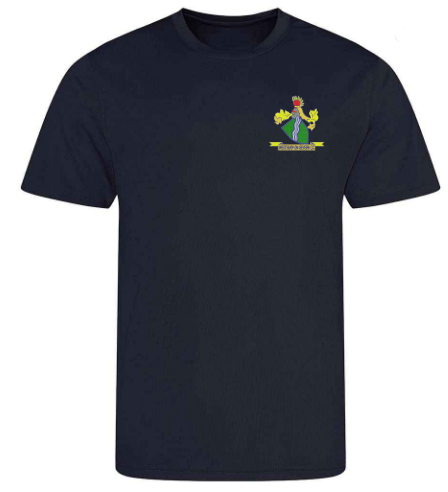 The PenCarrie Westbury-on-Severn CC AWDis Cool T-Shirt Senior in French Navy features a small, colorful rooster and green leaves logo above a yellow banner on the left chest.