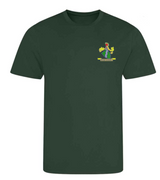 The PenCarrie Westbury-on-Severn CC AWDis Cool T-Shirt Senior in bottle green features a small, colorful cartoon dragon with leafy branches and a yellow banner on the upper left chest—perfect for club fans.