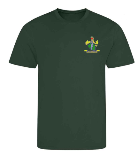 The PenCarrie Westbury-on-Severn CC AWDis Cool T-Shirt Senior in bottle green features a small, colorful cartoon dragon with leafy branches and a yellow banner on the upper left chest—perfect for club fans.