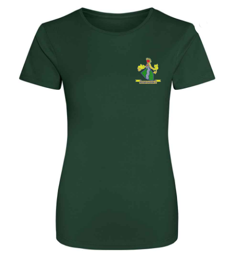 The PenCarrie Westbury-on-Severn CC AWDis Ladies Cool T-shirt in bottle green offers UPF 30+ UV protection and features a small colorful crest with rooster and yellow banner on the left chest.