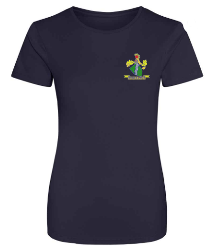 The PenCarrie Westbury-on-Severn CC AWDis Ladies Cool T-shirt in navy features a small, colorful club crest with a yellow banner on the left chest and offers UPF 30+ UV protection for added sun comfort.