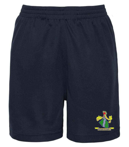 PenCarrie Westbury-on-Severn CC Junior AWDis Cool Shorts in navy blue, featuring an elastic waistband and a colorful embroidered school crest on the lower left leg.