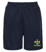 PenCarrie Westbury-on-Severn CC Junior AWDis Cool Shorts in navy blue, featuring an elastic waistband and a colorful embroidered school crest on the lower left leg.