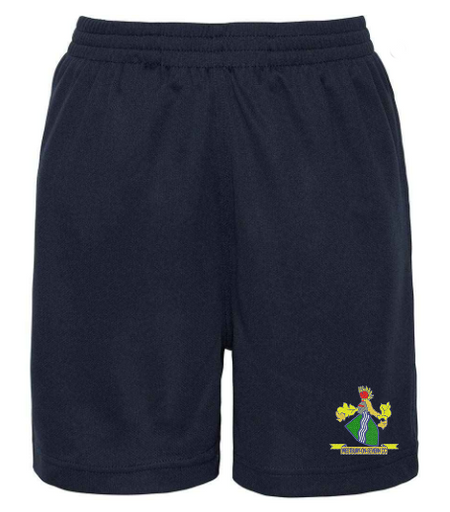 PenCarrie Westbury-on-Severn CC Junior AWDis Cool Shorts in navy blue, featuring an elastic waistband and a colorful embroidered school crest on the lower left leg.