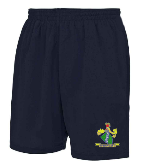 PenCarrie Westbury-on-Severn CC AWDis Mesh Lined Shorts - Senior: navy blue with mesh lining and club badge plus embroidered yellow banner near the left hem.