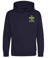 The PenCarrie Westbury-on-Severn CC Junior Hoodie comes in New French Navy, with soft brushed fleece, a small crest of a woman holding leaves on the chest, front pocket, and no visible drawstrings—ideal for fans.