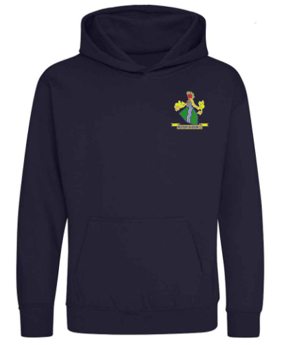 The PenCarrie Westbury-on-Severn CC Junior Hoodie comes in New French Navy, with soft brushed fleece, a small crest of a woman holding leaves on the chest, front pocket, and no visible drawstrings—ideal for fans.