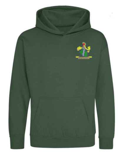 The PenCarrie Westbury-on-Severn CC Junior Hoodie in bottle green features brushed back fleece, a front pocket, a small colorful rooster emblem, and a yellow club banner with text on the left chest.