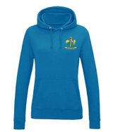The PenCarrie Westbury-on-Severn CC Sapphire Ladies Hoodie features a bright blue design, front pocket, drawstrings, and a small embroidered dancing figure—ideal for club supporters.