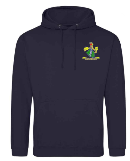 The PenCarrie Westbury-on-Severn CC Senior Hoodie in New French Navy features a front pocket and an embroidered club crest with a shield, bird, and yellow foliage on the left chest.