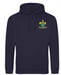 The PenCarrie Westbury-on-Severn CC Senior Hoodie in New French Navy features a front pocket and an embroidered club crest with a shield, bird, and yellow foliage on the left chest.