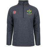 A Melange Black Gray Nicolls Westbury-on-Severn CC Velocity Mid Layer quarter-zip pullover with long sleeves, athletic fit, red and white badge on the right chest, and green and yellow crest on the left, set against a plain white background.