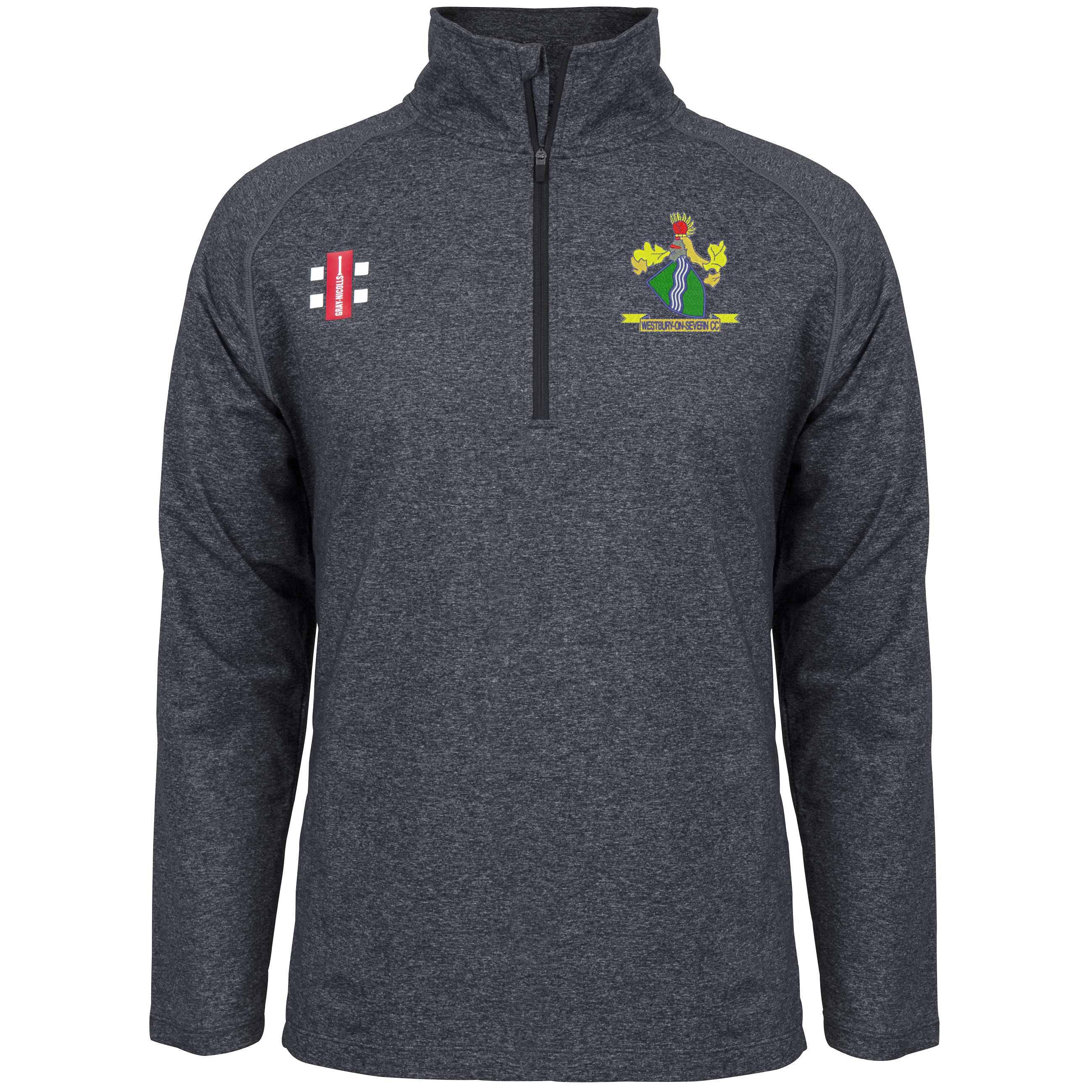 A Melange Black Gray Nicolls Westbury-on-Severn CC Velocity Mid Layer quarter-zip pullover with long sleeves, athletic fit, red and white badge on the right chest, and green and yellow crest on the left, set against a plain white background.