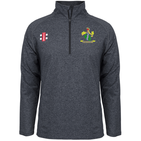 A Melange Black Gray Nicolls Westbury-on-Severn CC Velocity Mid Layer quarter-zip pullover with long sleeves, athletic fit, red and white badge on the right chest, and green and yellow crest on the left, set against a plain white background.