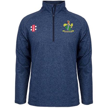 The Gray Nicolls Westbury-on-Severn CC Velocity Mid Layer in Melange Navy features an athletic fit, long sleeves, embroidered right chest logo, colorful left crest, and moisture control fabric—ideal for active days.