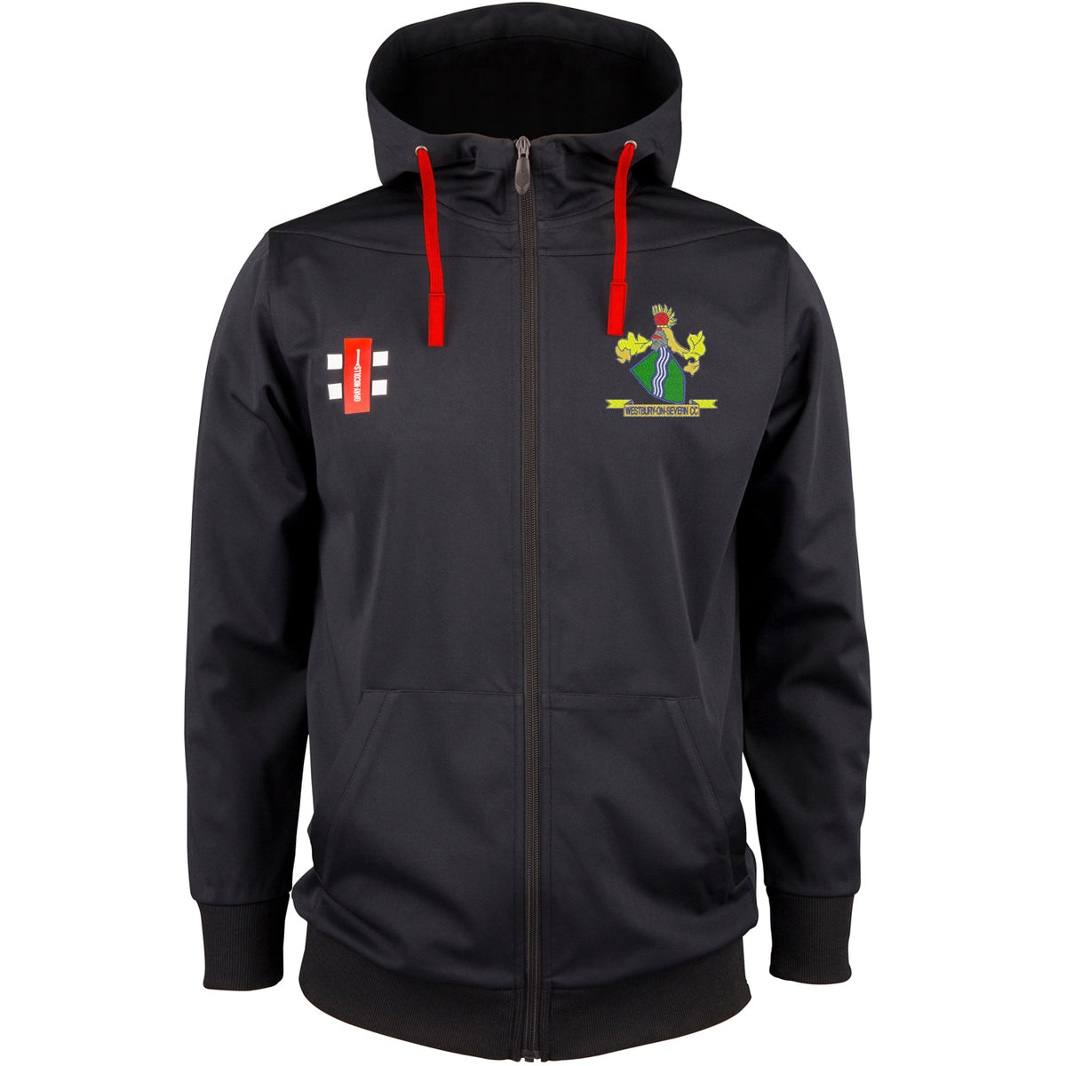 The Gray Nicolls Westbury-on-Severn CC Pro Performance Hooded Top is a black zip-up with red drawstrings, two front pockets, and a hood, featuring an embroidered club crest—ideal for fans of Westbury-on-Severn CC.
