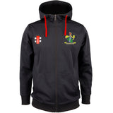 The Gray Nicolls Westbury-on-Severn CC Pro Performance Hooded Top is a black zip-up with red drawstrings, two front pockets, and a hood, featuring an embroidered club crest—ideal for fans of Westbury-on-Severn CC.