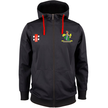The Gray Nicolls Westbury-on-Severn CC Pro Performance Hooded Top is a black zip-up with red drawstrings, two front pockets, and a hood, featuring an embroidered club crest—ideal for fans of Westbury-on-Severn CC.