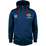 The Gray Nicolls Westbury-on-Severn CC Pro Performance Hooded Top is a navy cricket hoodie with red drawstrings, an embroidered green/yellow crest on the left chest, and a red/white logo on the right.