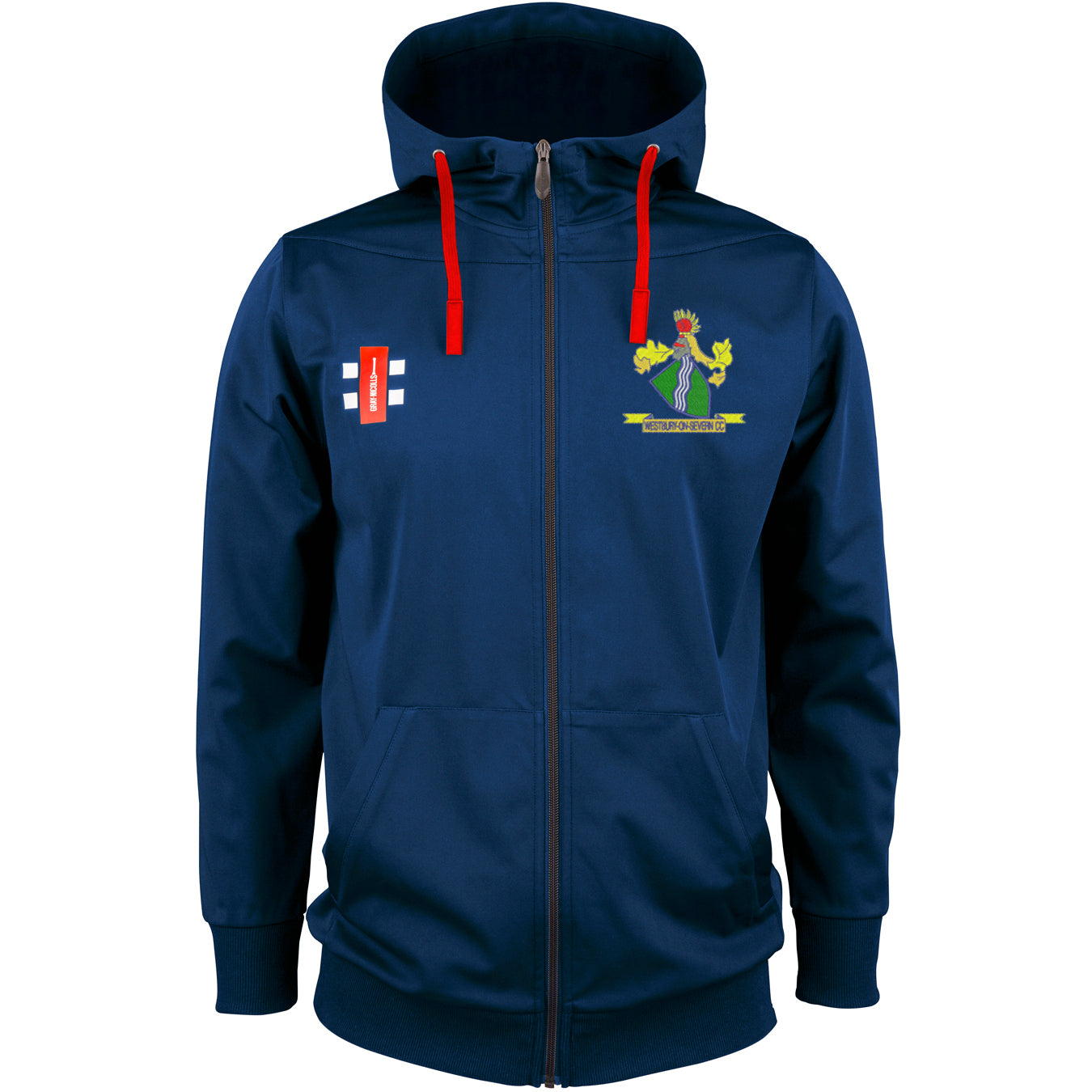 The Gray Nicolls Westbury-on-Severn CC Pro Performance Hooded Top is a navy cricket hoodie with red drawstrings, an embroidered green/yellow crest on the left chest, and a red/white logo on the right.