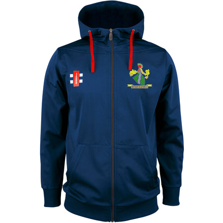 The Gray Nicolls Westbury-on-Severn CC Pro Performance Hooded Top is a navy cricket hoodie with red drawstrings, an embroidered green/yellow crest on the left chest, and a red/white logo on the right.