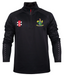 The Gray Nicolls Westbury-on-Severn CC Pro Thermo Fleece is a black long-sleeve athletic pullover with a red half-zip, club crest on the left chest, red rectangular logo on the right chest, and checkered lower sleeve detailing.