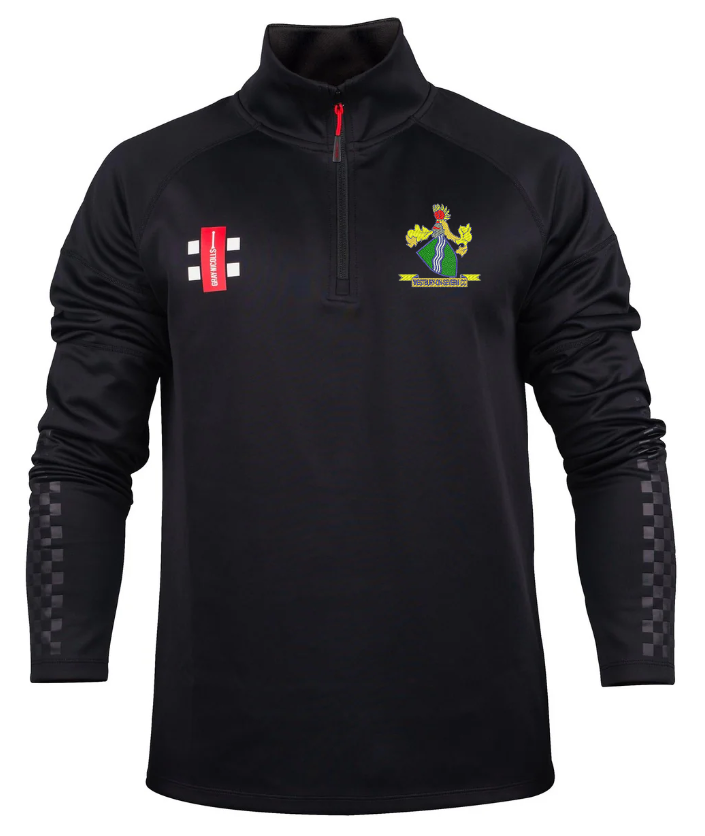 The Gray Nicolls Westbury-on-Severn CC Pro Thermo Fleece is a black long-sleeve athletic pullover with a red half-zip, club crest on the left chest, red rectangular logo on the right chest, and checkered lower sleeve detailing.