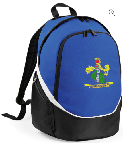 The PenCarrie Westbury-on-Severn CC Team Backpack is a blue and black sports backpack with a white accent and an embroidered crest—ideal for cricket team gear.