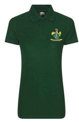 The PenCarrie Westbury-on-Severn CC RTX Ladies Polo is a bottle green, short-sleeve, collared shirt with a colorful club badge embroidered on the left chest.