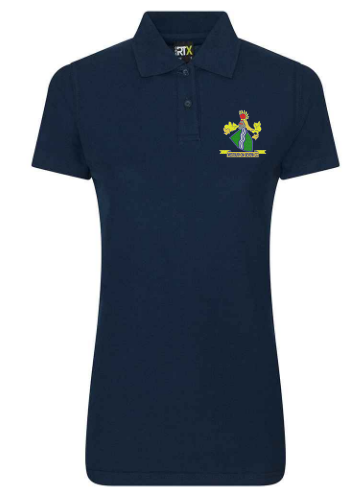 The PenCarrie Westbury-on-Severn CC RTX Ladies Polo in navy features a club badge with an embroidered figure holding foliage and a yellow banner on the left chest, plus stylish buttons for a tailored ladies fit.