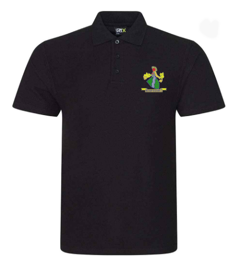 The PenCarrie Westbury-on-Severn CC RTX Mens Polo is a black short-sleeve polo with a colorful embroidered rooster and green banner club logo on the left chest—ideal for fans of Westbury-on-Severn CC Polo.