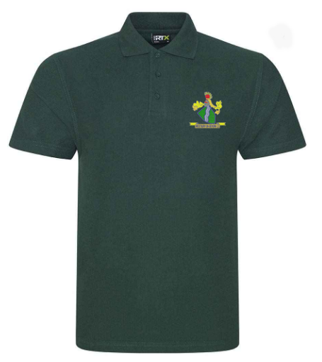 The PenCarrie Westbury-on-Severn CC RTX Mens Polo in bottle green features a vibrant embroidered club logo with a cartoon figure, yellow pom-poms, and banner—ideal for casual wear or supporting the team.