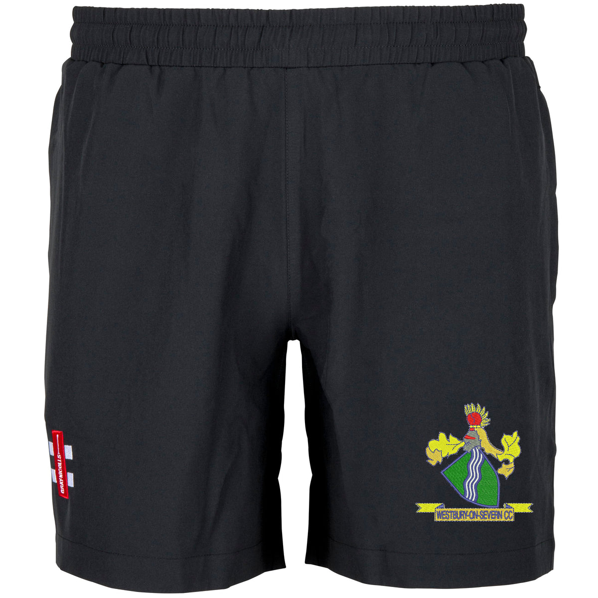 The Gray Nicolls Westbury-on-Severn CC Velocity Shorts are black with an elastic waistband, a colorful club crest and text on the right leg, plus a red and white patch on the left—ideal cricket shorts for fans.