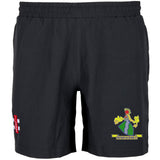 The Gray Nicolls Westbury-on-Severn CC Velocity Shorts are black with an elastic waistband, a colorful club crest and text on the right leg, plus a red and white patch on the left—ideal cricket shorts for fans.