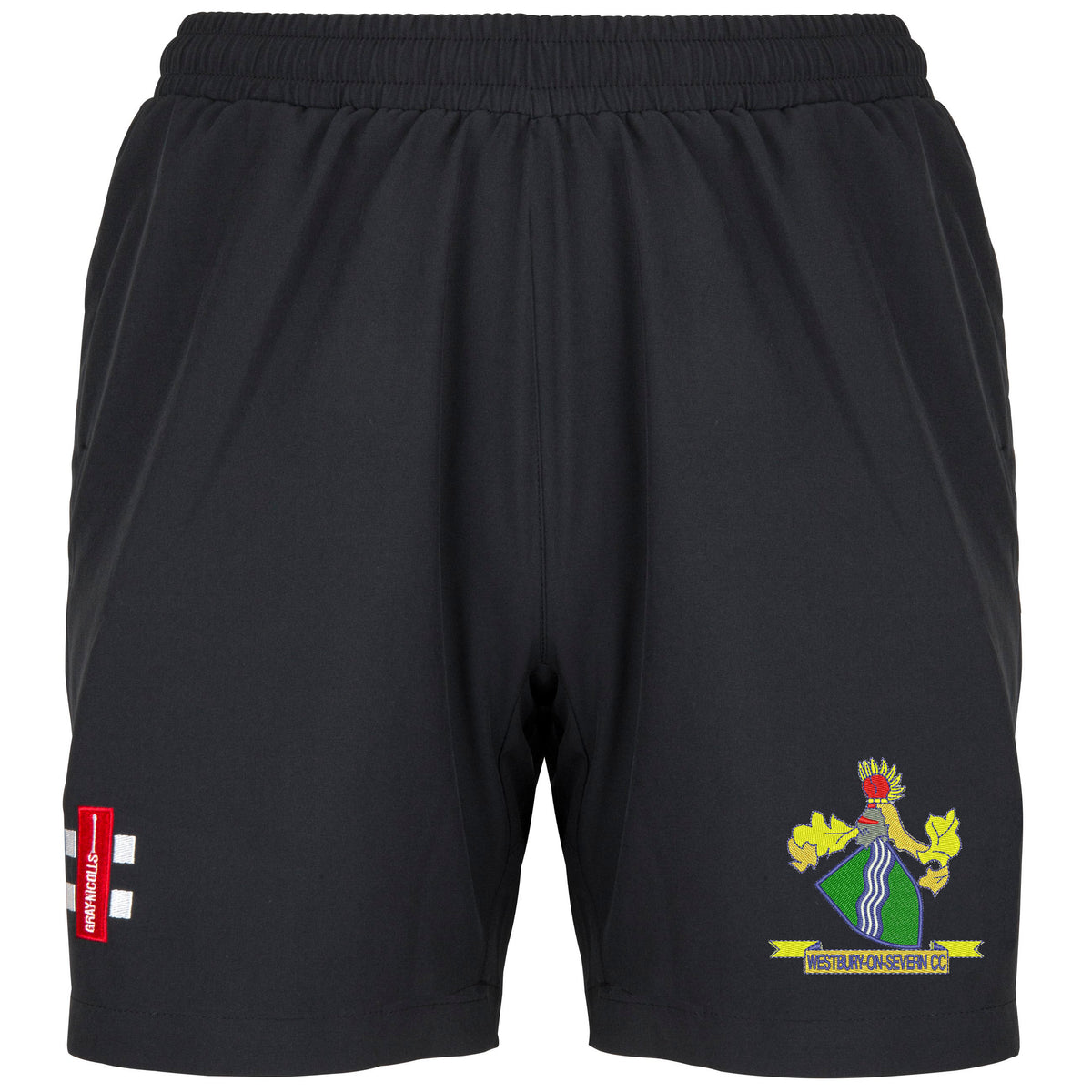 Gray Nicolls Westbury-on-Severn CC Velocity Ladies Shorts in black feature a colorful club crest on the right leg and a red patch with white text on the left, shown against a white background.