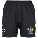 Gray Nicolls Westbury-on-Severn CC Velocity Ladies Shorts in black feature a colorful club crest on the right leg and a red patch with white text on the left, shown against a white background.