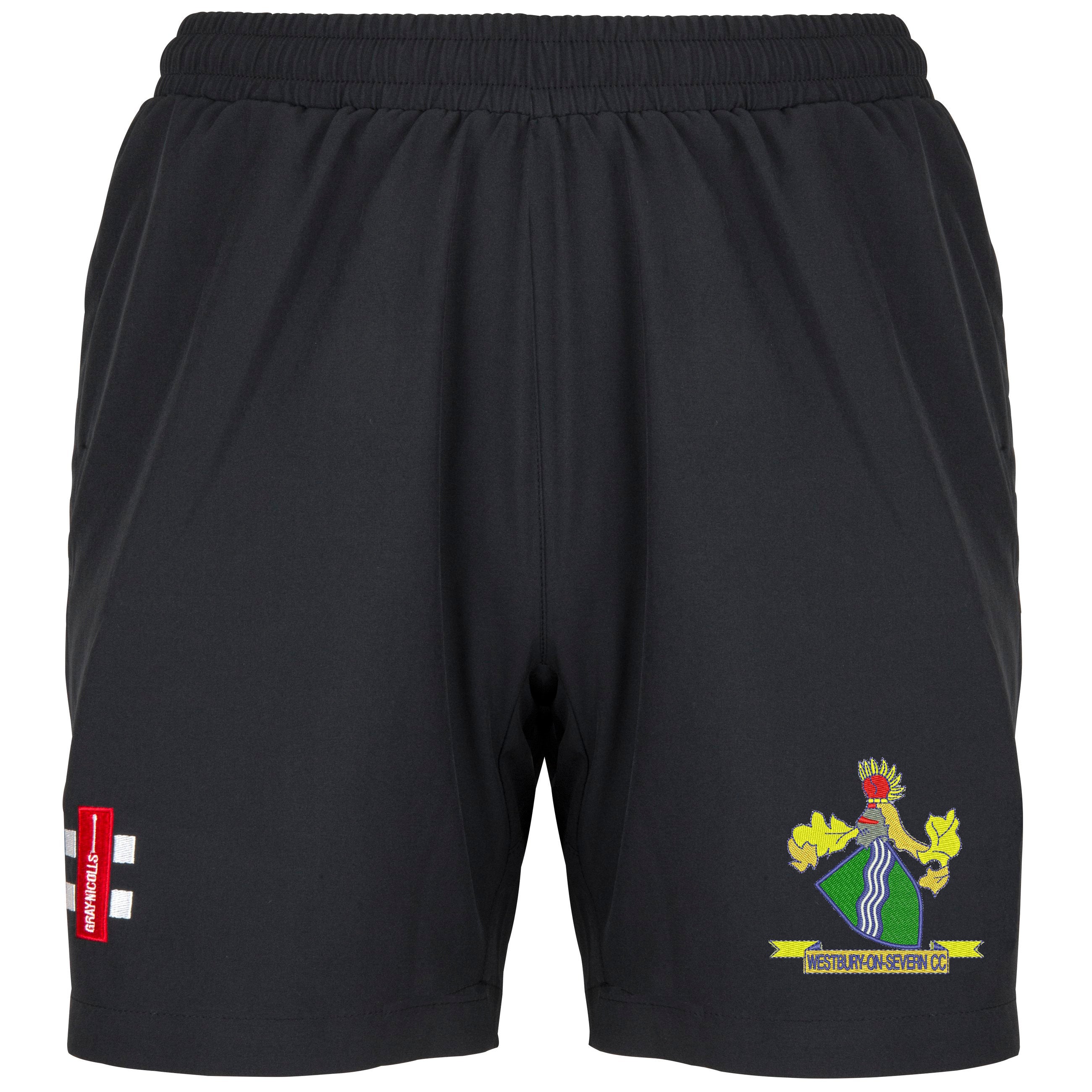 Gray Nicolls Westbury-on-Severn CC Velocity Ladies Shorts in black feature a colorful club crest on the right leg and a red patch with white text on the left, shown against a white background.