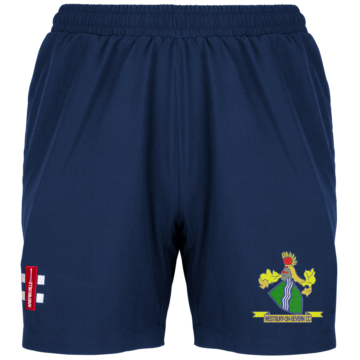 Gray Nicolls Westbury-on-Severn CC Velocity Ladies Shorts in navy, featuring an elastic waistband, a colorful crest on the right leg, and a red vertical logo with white text and two white lines on the left—ideal for cricket.