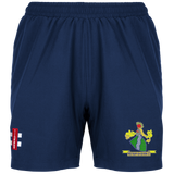 Gray Nicolls Westbury-on-Severn CC Velocity Ladies Shorts in navy, featuring an elastic waistband, a colorful crest on the right leg, and a red vertical logo with white text and two white lines on the left—ideal for cricket.
