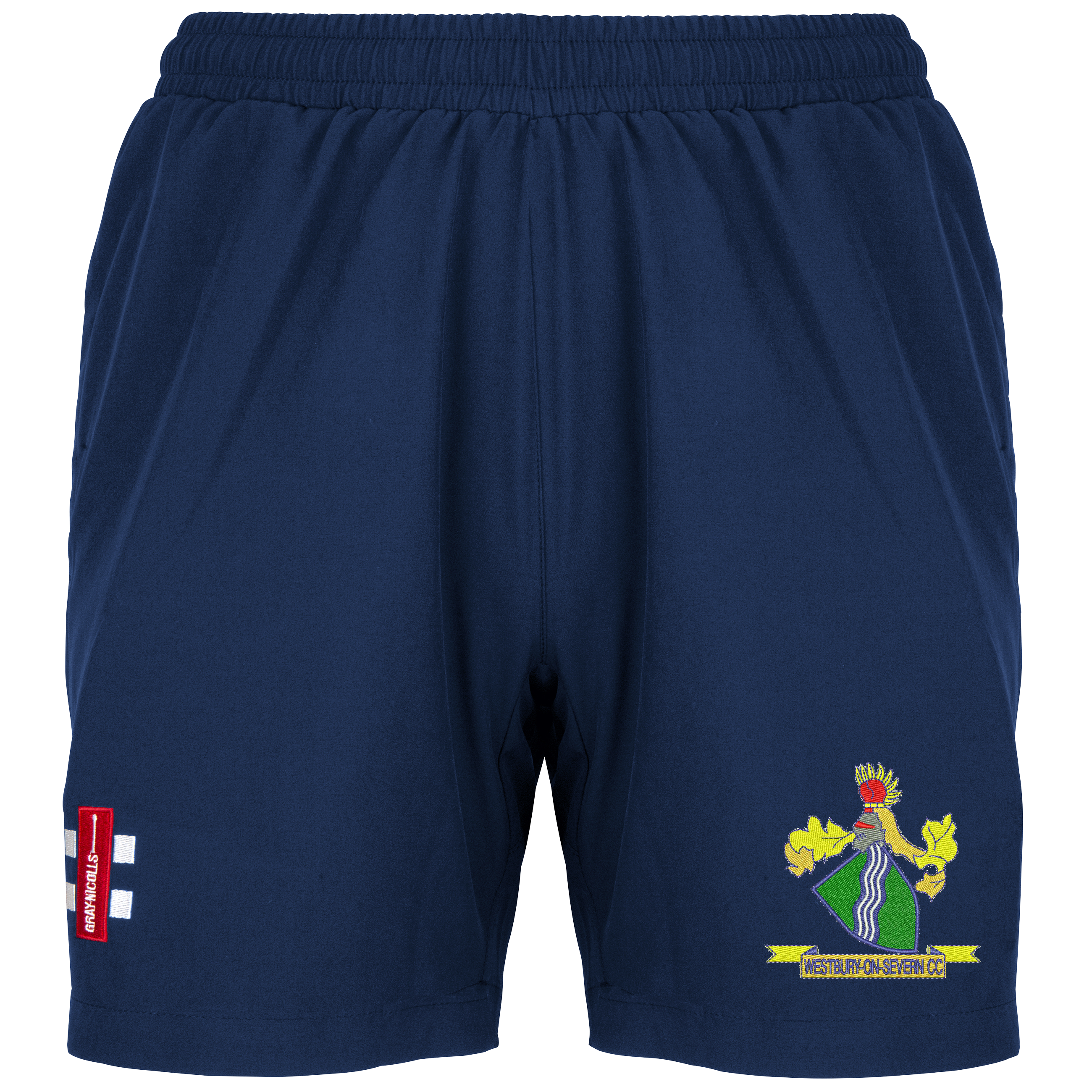 Gray Nicolls Westbury-on-Severn CC Velocity Ladies Shorts in navy, featuring an elastic waistband, a colorful crest on the right leg, and a red vertical logo with white text and two white lines on the left—ideal for cricket.