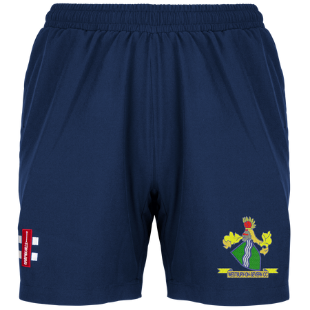 Gray Nicolls Westbury-on-Severn CC Velocity Ladies Shorts in navy, featuring an elastic waistband, a colorful crest on the right leg, and a red vertical logo with white text and two white lines on the left—ideal for cricket.