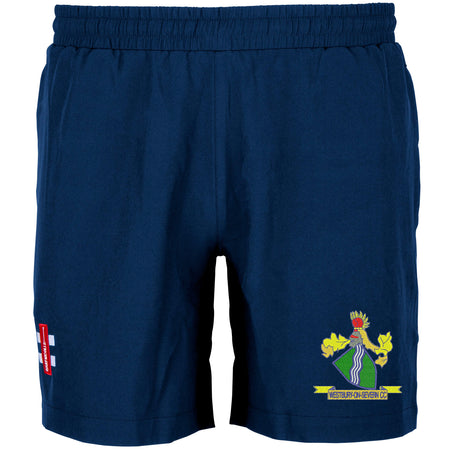 Gray Nicolls Westbury-on-Severn CC Velocity Shorts in navy, featuring a colorful embroidered crest on the right leg and a red and white patch on the left, displayed on white. Stylish and comfortable—perfect cricket shorts.